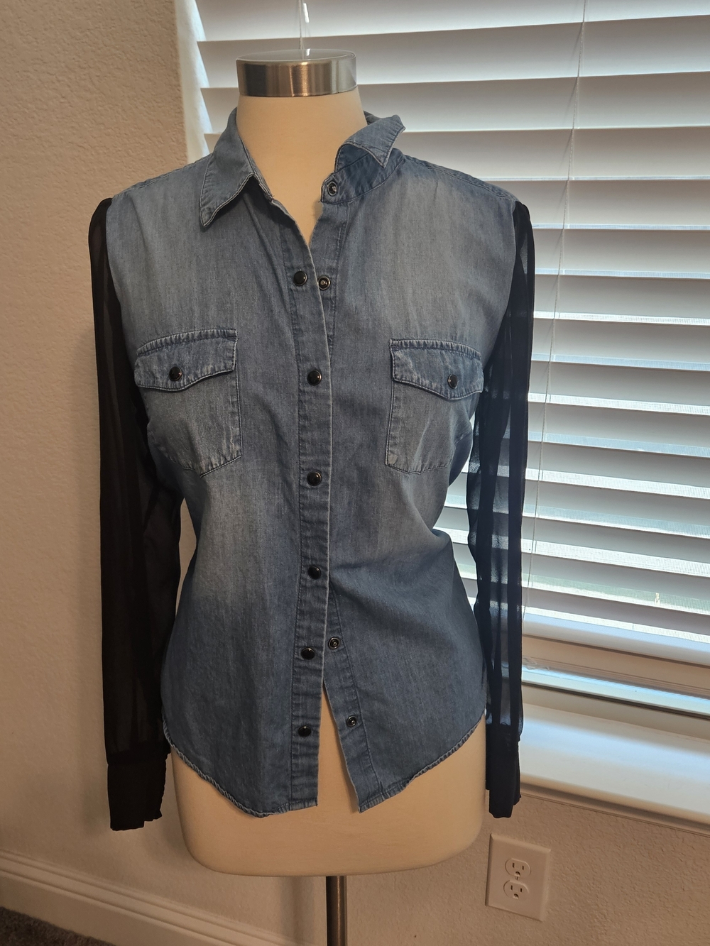 Style & Co. Denim-Look Button Front Shirt with Black Sheer Sleeves
